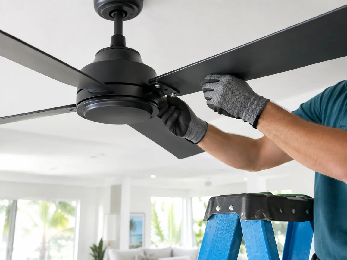 Installer attaching blades to a new matte-black ceiling fan
