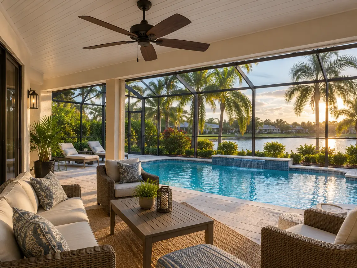 Covered lanai with an outdoor ceiling fan over a screened pool