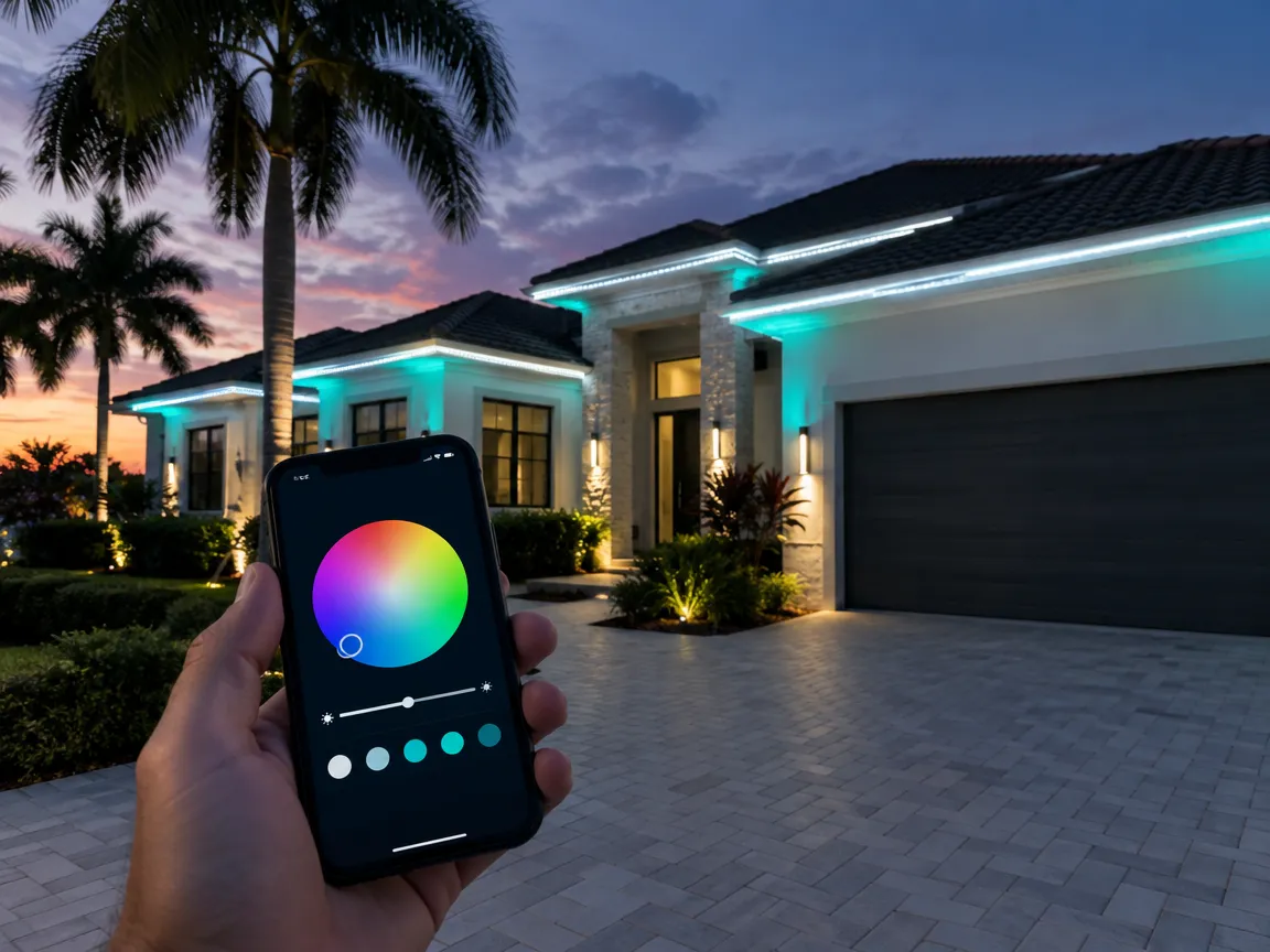 Permanent LED roofline lighting on a South Florida home