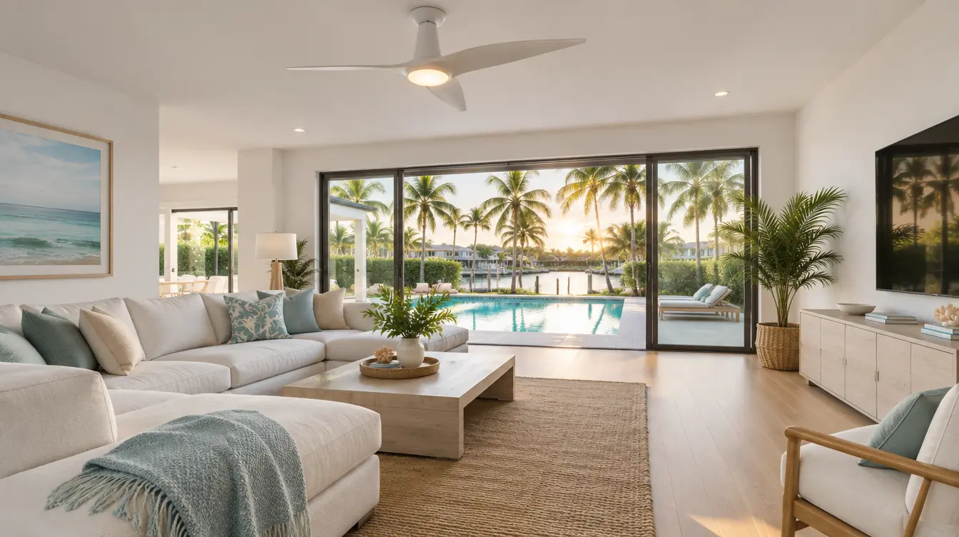 Bright Fort Lauderdale living room with a modern white ceiling fan and a pool view