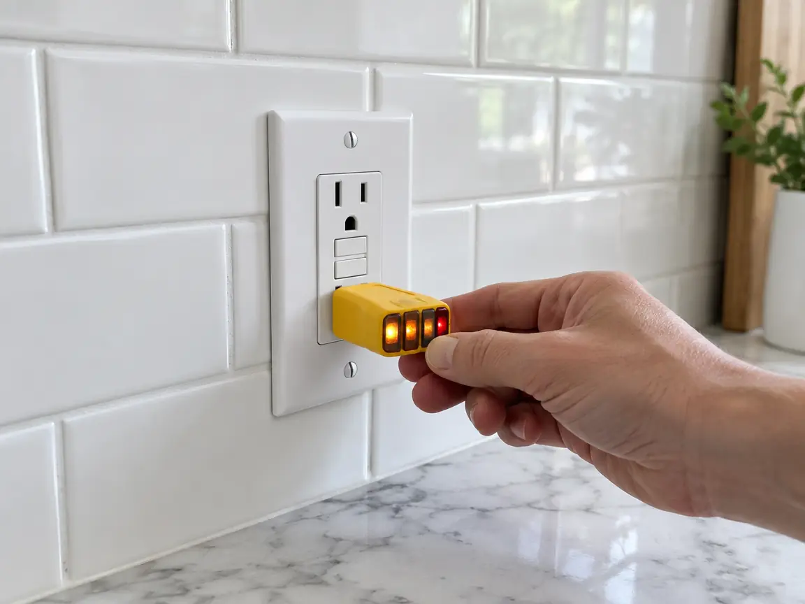Testing a new GFCI outlet on a kitchen backsplash