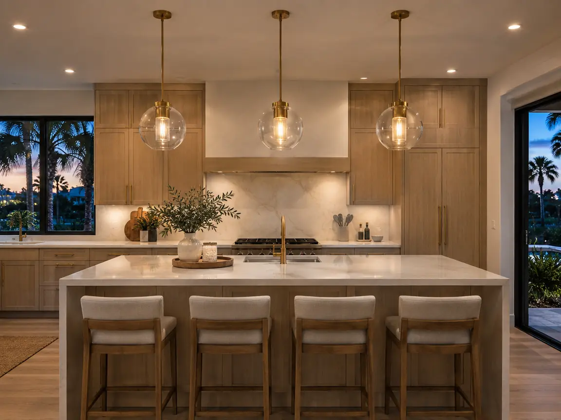 Three brass and glass pendant lights over a kitchen island