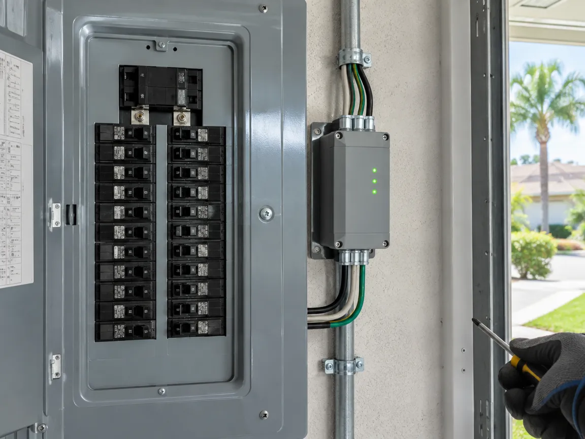 Whole-home surge protector installation on a South Florida home