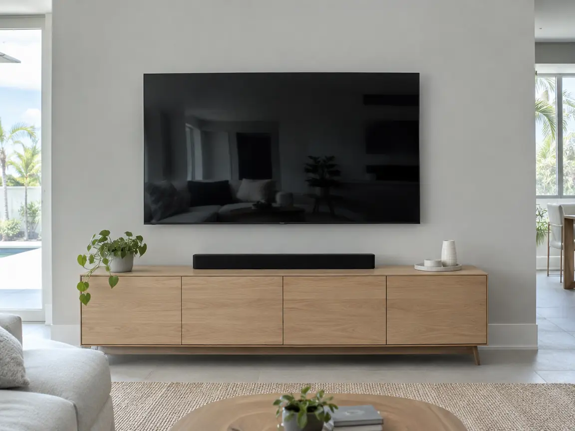 TV mounted level above a wood media console with hidden cables